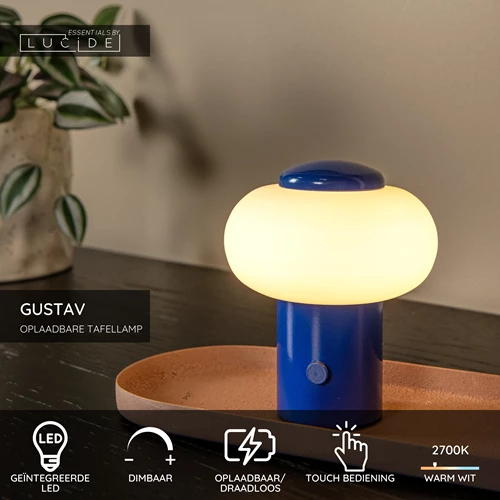 Lucide GUSTAV - Oplaadbare Tafellamp - Accu/Batterij - Ø 8 cm - LED Dimb. - 1x0,8W 2700K - Blauw | Essential - USP
